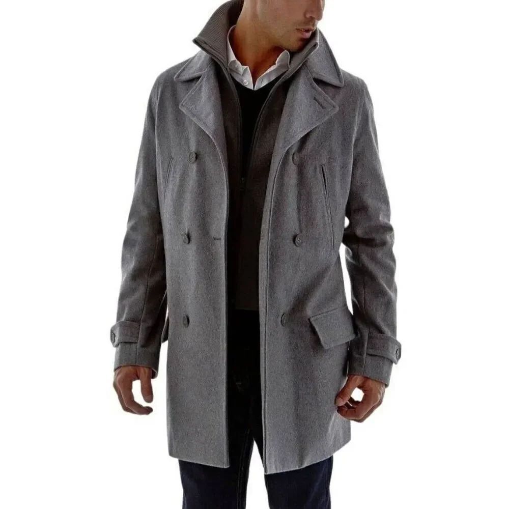 J.Ferrar men's 2XL plus size wool double breasted coat grey high neck vest